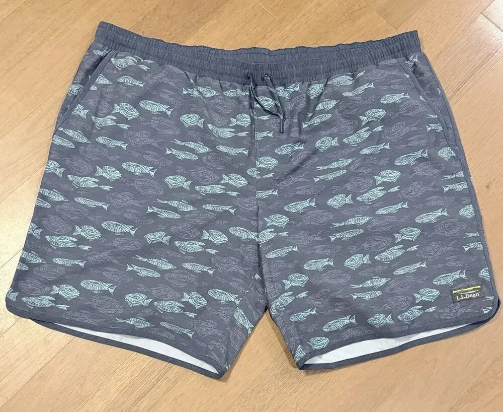 LL Bean Mens 3XL Fish Print Lined Performance Shorts Blue Gray Swim Hybrid EUC